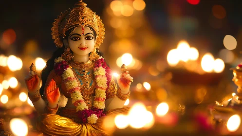Goddess idol glows in rivers of festive candlelight and color.
