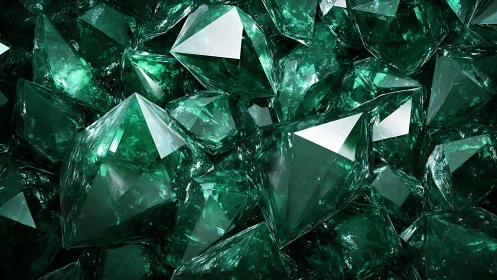Cluster of faceted emerald green crystals in close-up.