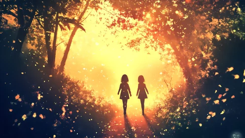 Backlit forest silhouettes with volumetric golden haze glow.