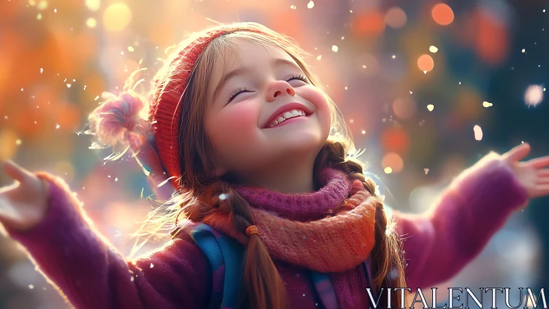 Young child outdoors in soft light with falling particles.