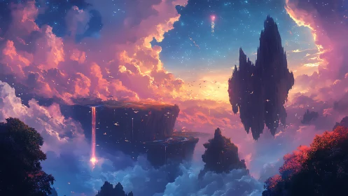 Floating rock formations rise among dense clouds at dusk