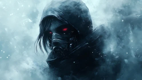 Gas-masked figure with red ocular highlights emerges from frozen mist