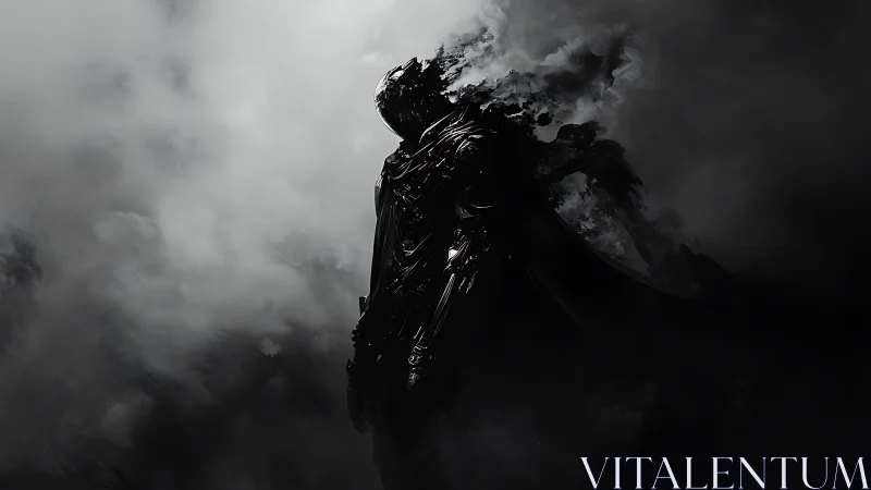 Shadowed armored figure dissolves into swirling black smoke.