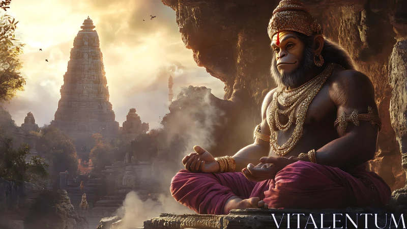 Divine simian deity meditates before misty stone temple complex.