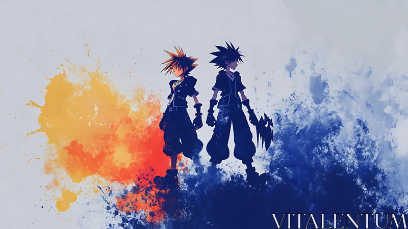 Dual anime heroes framed by opposing color splashes.