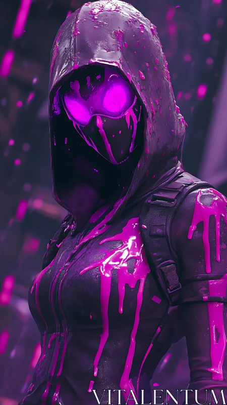 Neon rogue stalks city streets in dripping magenta armor.