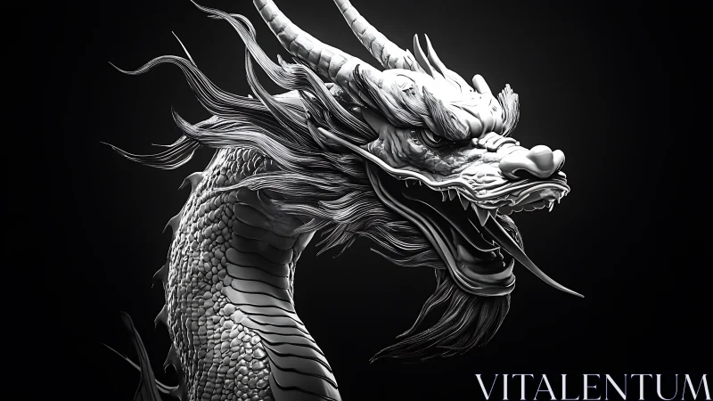 Monochrome 3D Eastern dragon bust with dynamic motion.