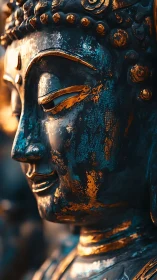 Burnished Buddha profile in twilight teal and molten gold.