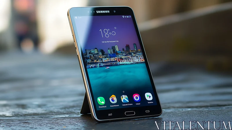Samsung Galaxy Note Smartphone Displaying Coastal Cityscape Wallpaper