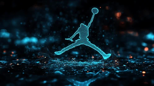 Neon particle silhouette of leaping basketball player in splash field