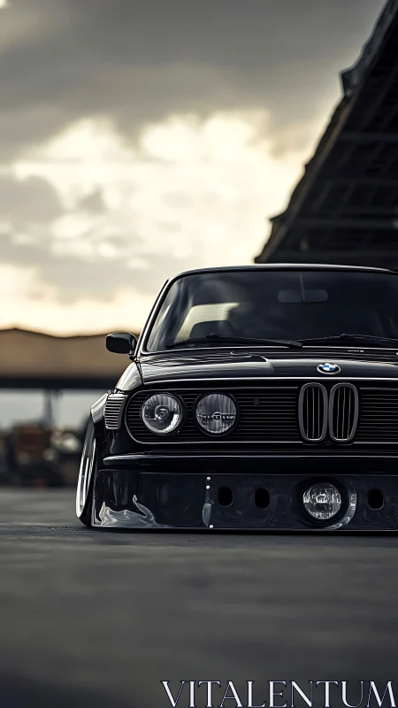 Stanced classic BMW front view under overcast industrial sky.