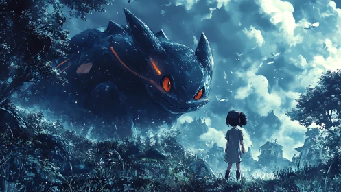 Giant shadow creature confronts lone girl in ruined forest.