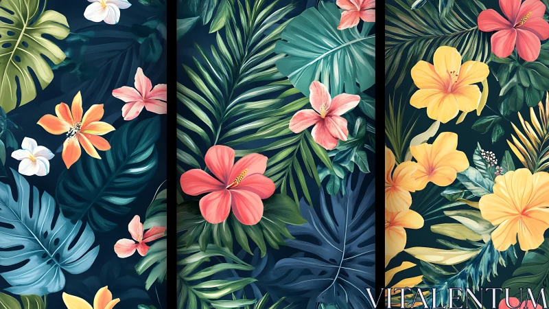 Tropical Garden Triptych: Nature's Colorful Symphony.