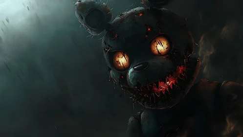Charred animatronic bear with molten eyes and fragmented jawline