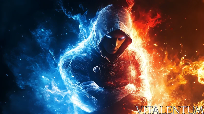 Hooded elemental warrior stands between blue ice and fire