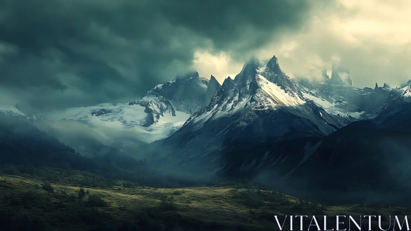 Snow-covered serrated mountain range under dense storm clouds