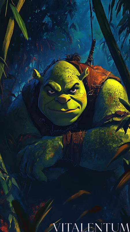 Bold green ogre rests calmly in a glowing midnight swamp