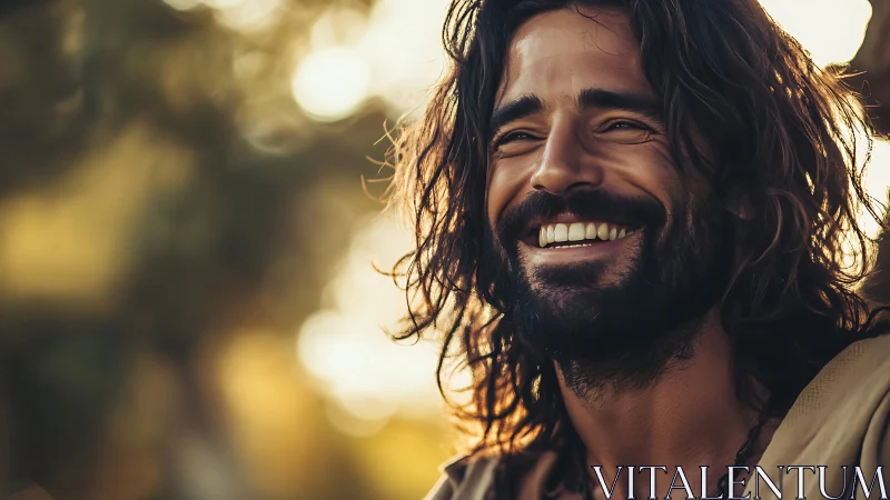 Sunlit wanderer laughing against a dreamy golden bokeh glow.