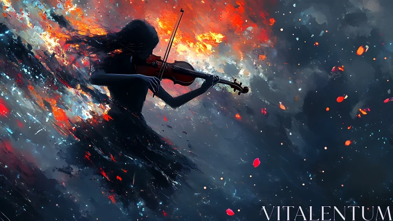 Violin silhouette conducting combustion-tinted cosmic turbulence.