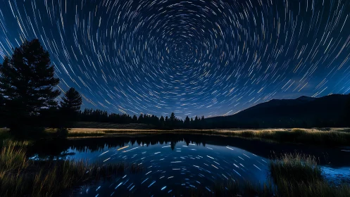 Spiraling night sky reflected in a calm mountain lake.