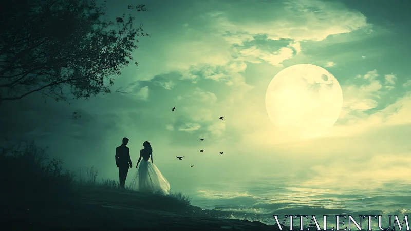 Bride and Groom Under Moonlight by the Sea