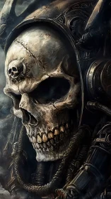 Grim cyber reliquary skull fused with baroque war machine.