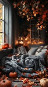 Autumnal window nook rendered in warm cinematic digital lighting
