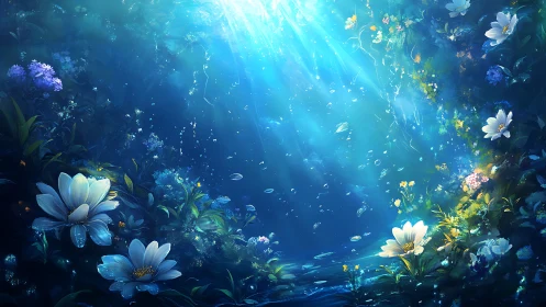 Submerged wildflowers drift upward through cathedral-blue light