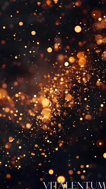 Golden bokeh particles on dark abstract background.