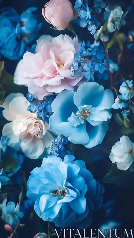 Compositional arrangement of pink and blue flowers against dark background