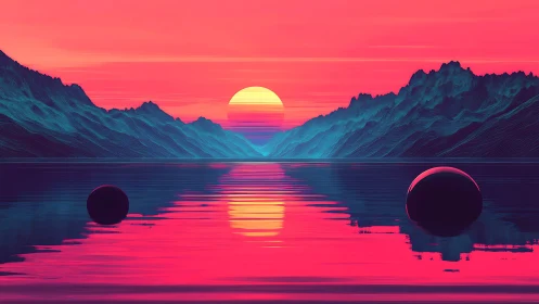 Neon twin-sphere sunset across low-poly glacial fjordscape.