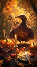 Autumn feast tableau with vigilant turkey amid candlelight.