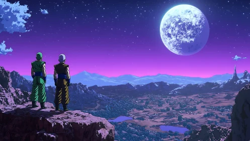 Two armored figures survey neon dusk landscape beneath full moon