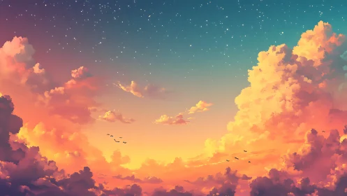 Dreamy pastel sunset clouds under a soft starlit sky.