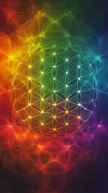 Radiant flower-of-life sphere in prismatic nebula glow.