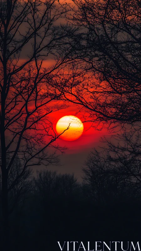 Sun disc aligned behind bare tree branches at red sunset