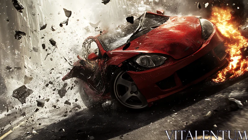 Red sports car impact with explosive shattering debris.