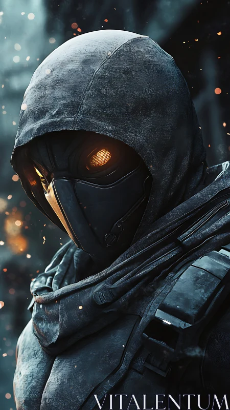 Hooded armored figure with glowing eyes in dark embers scene.