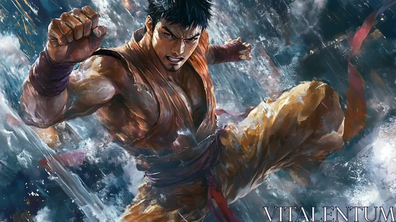 Martial artist launches dynamic punch through storm spray