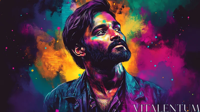 Vibrant neon portrait of contemplative bearded man in splatter field
