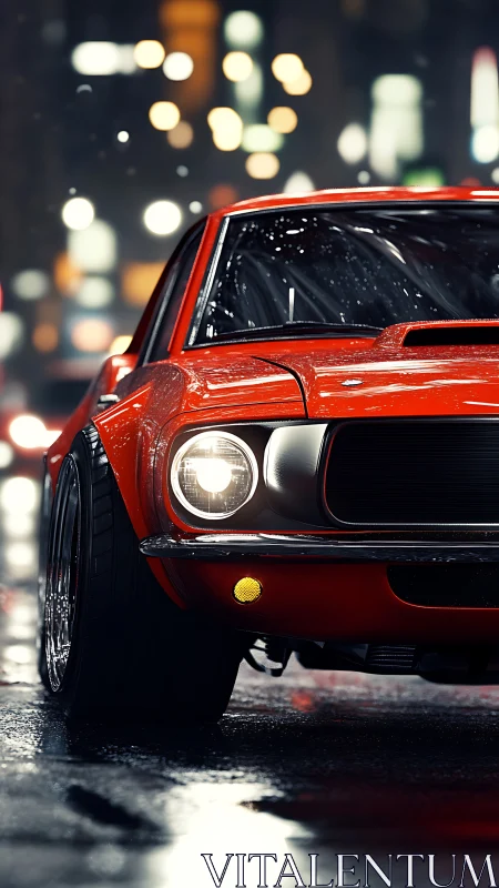 Crimson street muscle prowls wet neon city nightscape.