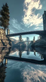 Stone bridge over calm river with mirrored city view.