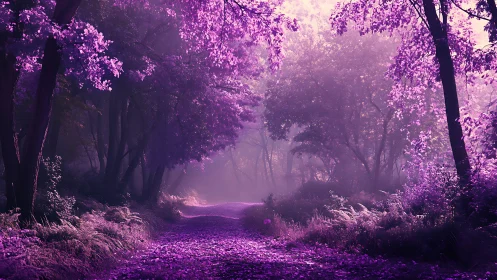 Ethereal Forest Pathway Suffused With Luminous Violet Light
