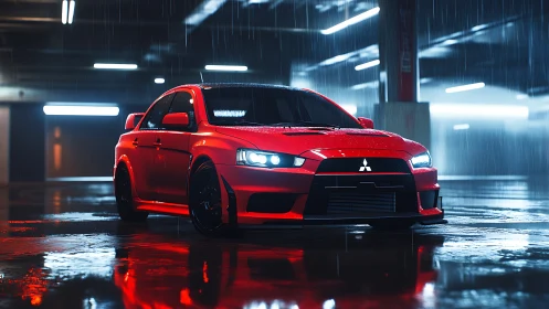 Photorealistic red sports sedan in cinematic rainy garage.
