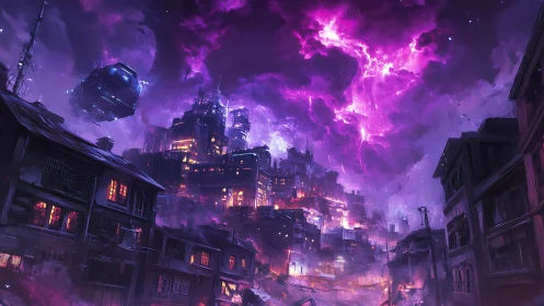 Electrified cyberpunk skyline under volatile magenta stormfront