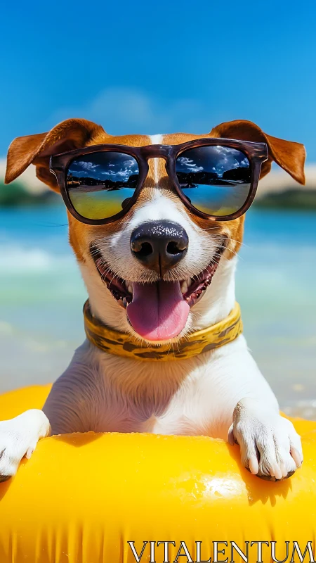 Cool beach dog wearing sunglasses on bright yellow float