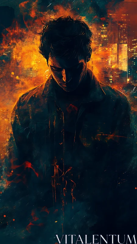 Silhouetted man stands before blazing urban skyline