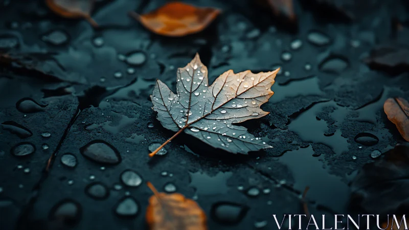 Gentle autumn leaf rests quietly on rain-soaked pavement