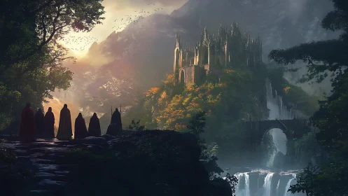 Ritual cloaked figures surveying neo gothic citadel at falls.