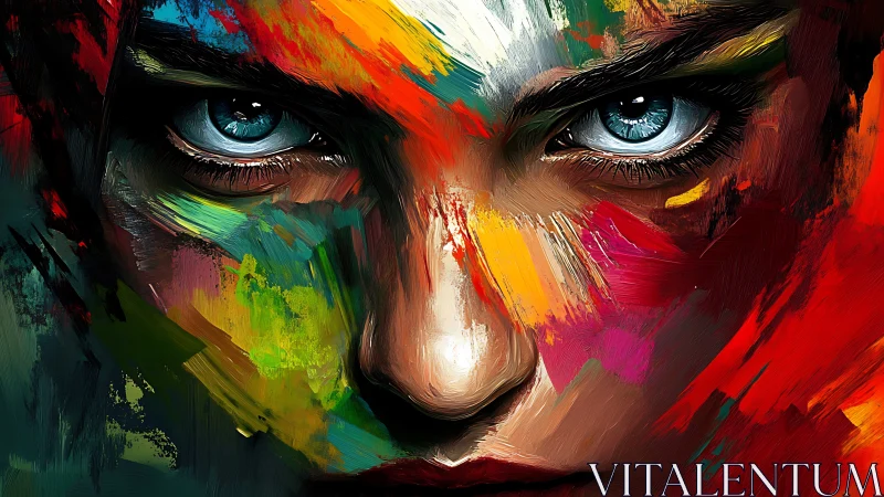 Intense blue eyes emerge through vivid abstract color strokes.